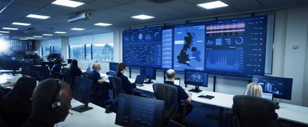 Mitie TSOC security centre - people sitting at rows of desks with computers, with a large screen of data in the UK showing on the far wall